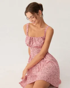 Pink Floral Ruched Corset Slip Mini Dress