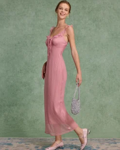 Pink Floral Ruffle Slip Maxi Dress