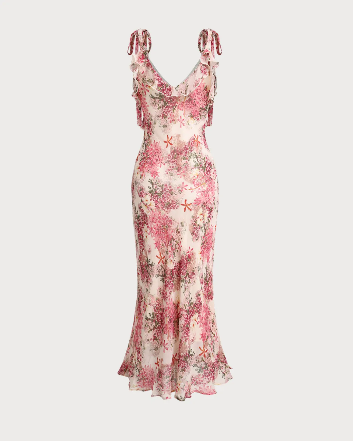 Pink Floral Ruffle Tie Strap Midi Dress