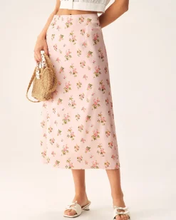 Pink Floral Satin Straight Midi Skirt