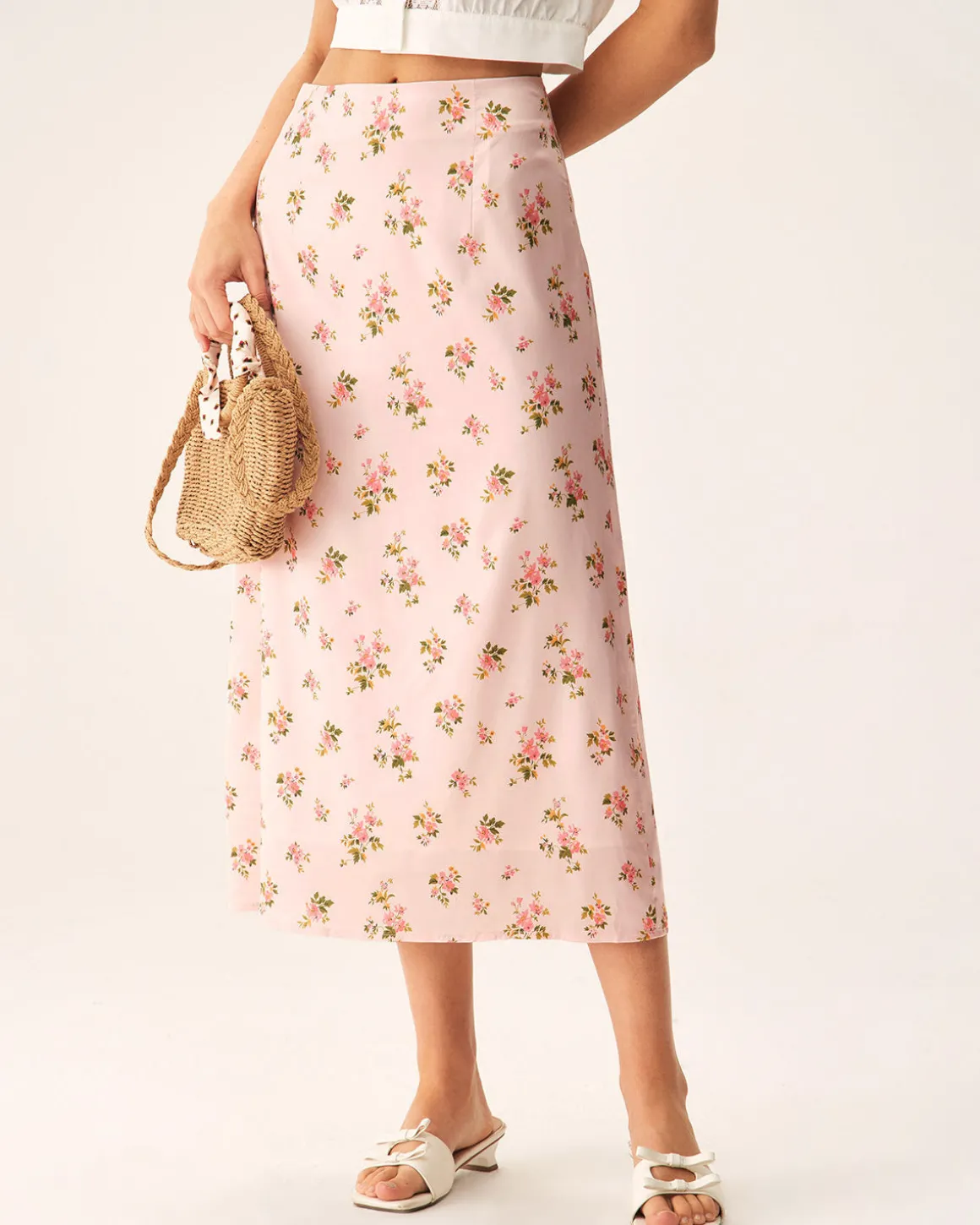 Pink Floral Satin Straight Midi Skirt