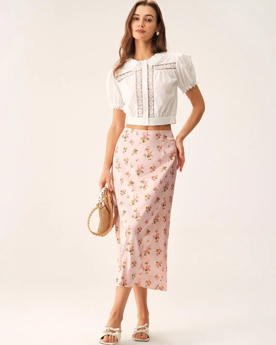 Pink Floral Satin Straight Midi Skirt