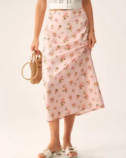 Pink Floral Satin Straight Midi Skirt