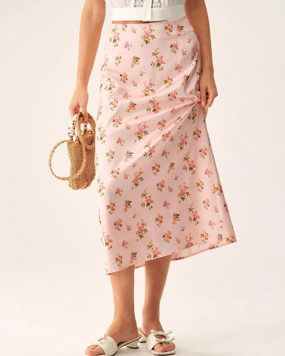Pink Floral Satin Straight Midi Skirt