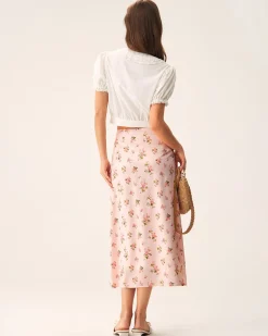 Pink Floral Satin Straight Midi Skirt