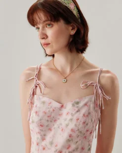 Pink Floral Shirred Slip Midi Dress