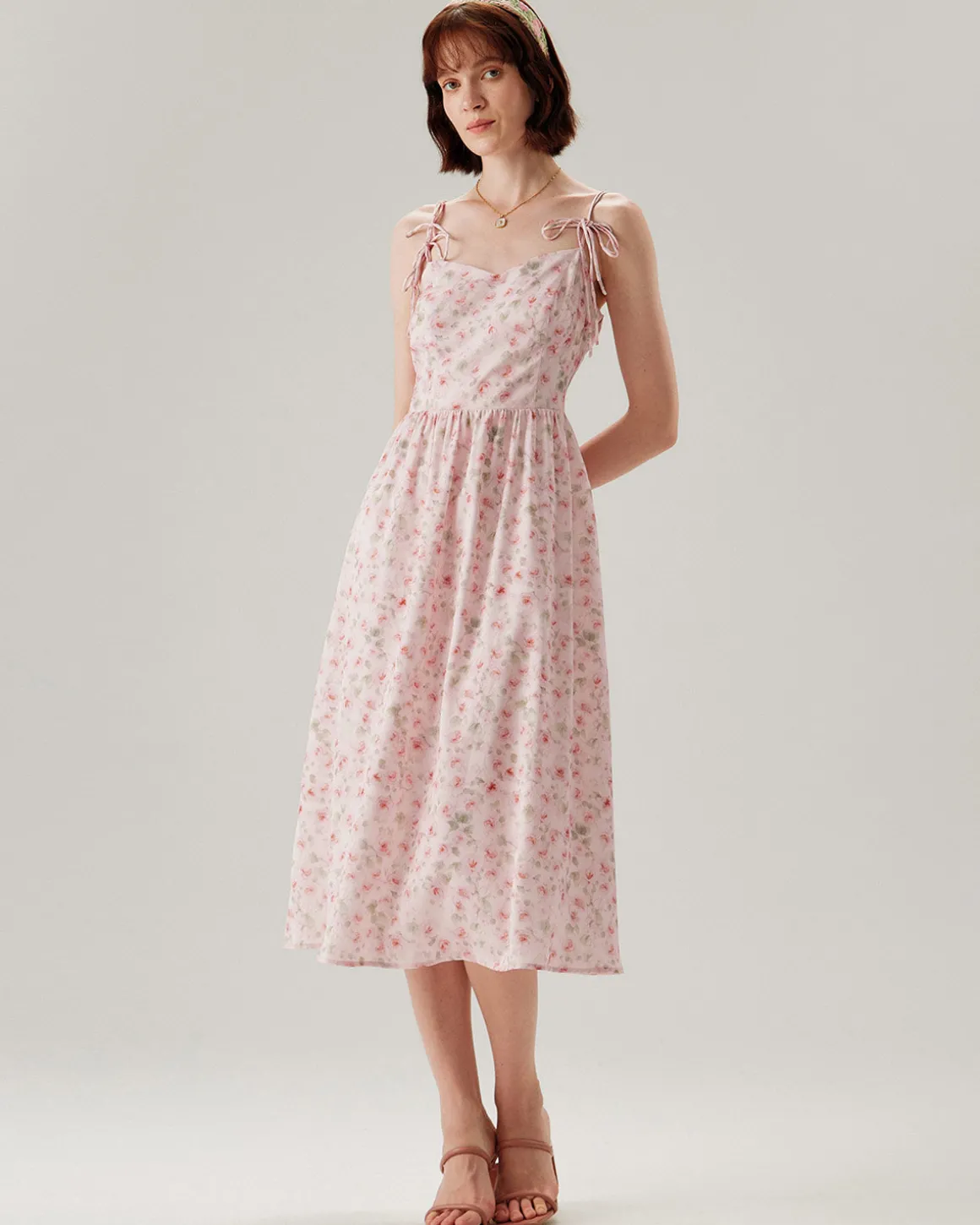 Pink Floral Shirred Slip Midi Dress