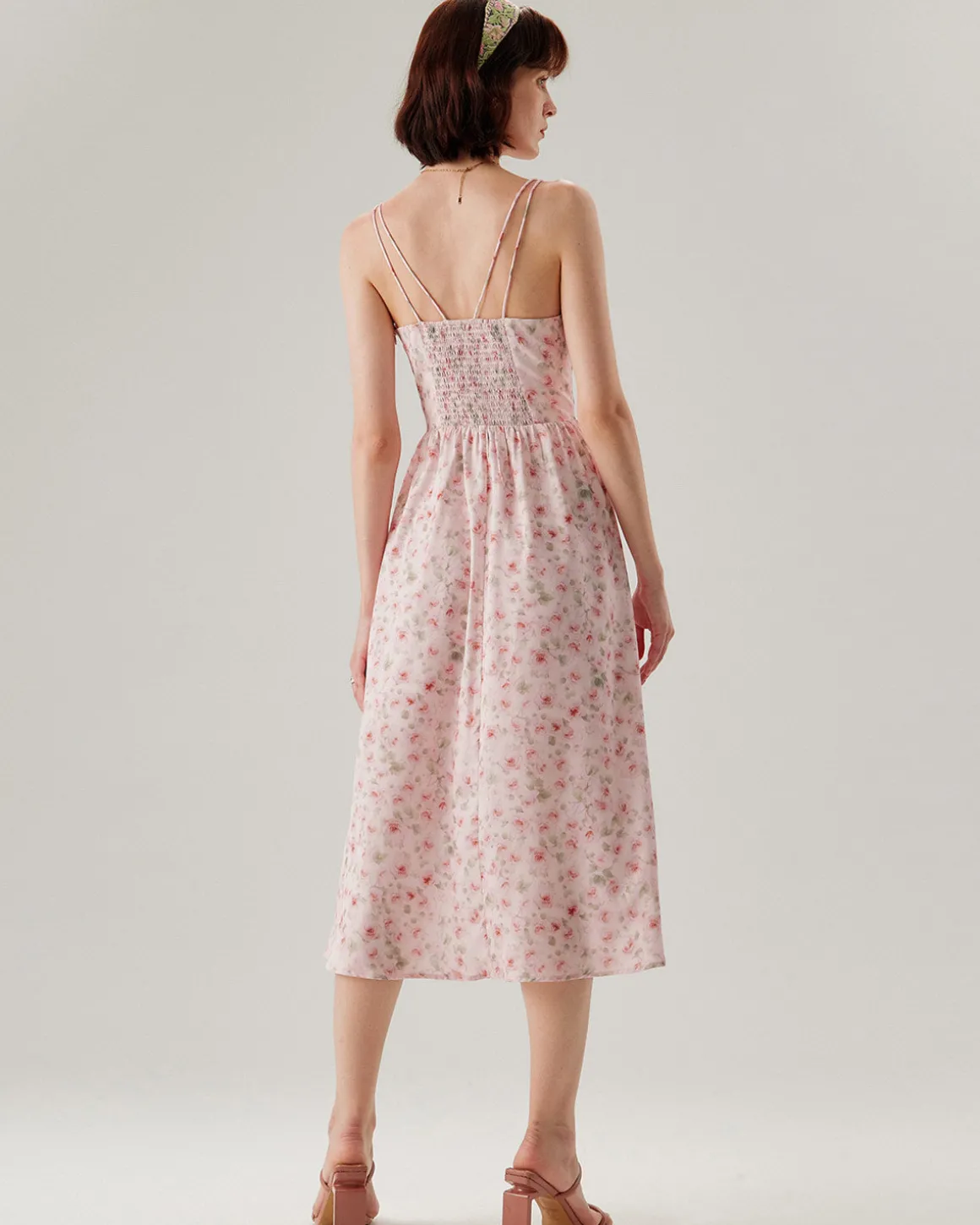 Pink Floral Shirred Slip Midi Dress