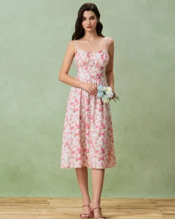 Pink Floral Sweetheart Neck Shirred Slip Midi Dress