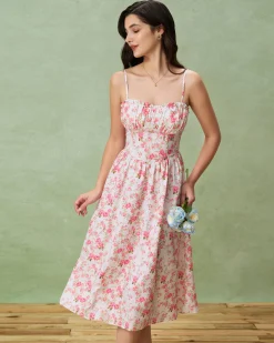 Pink Floral Sweetheart Neck Shirred Slip Midi Dress