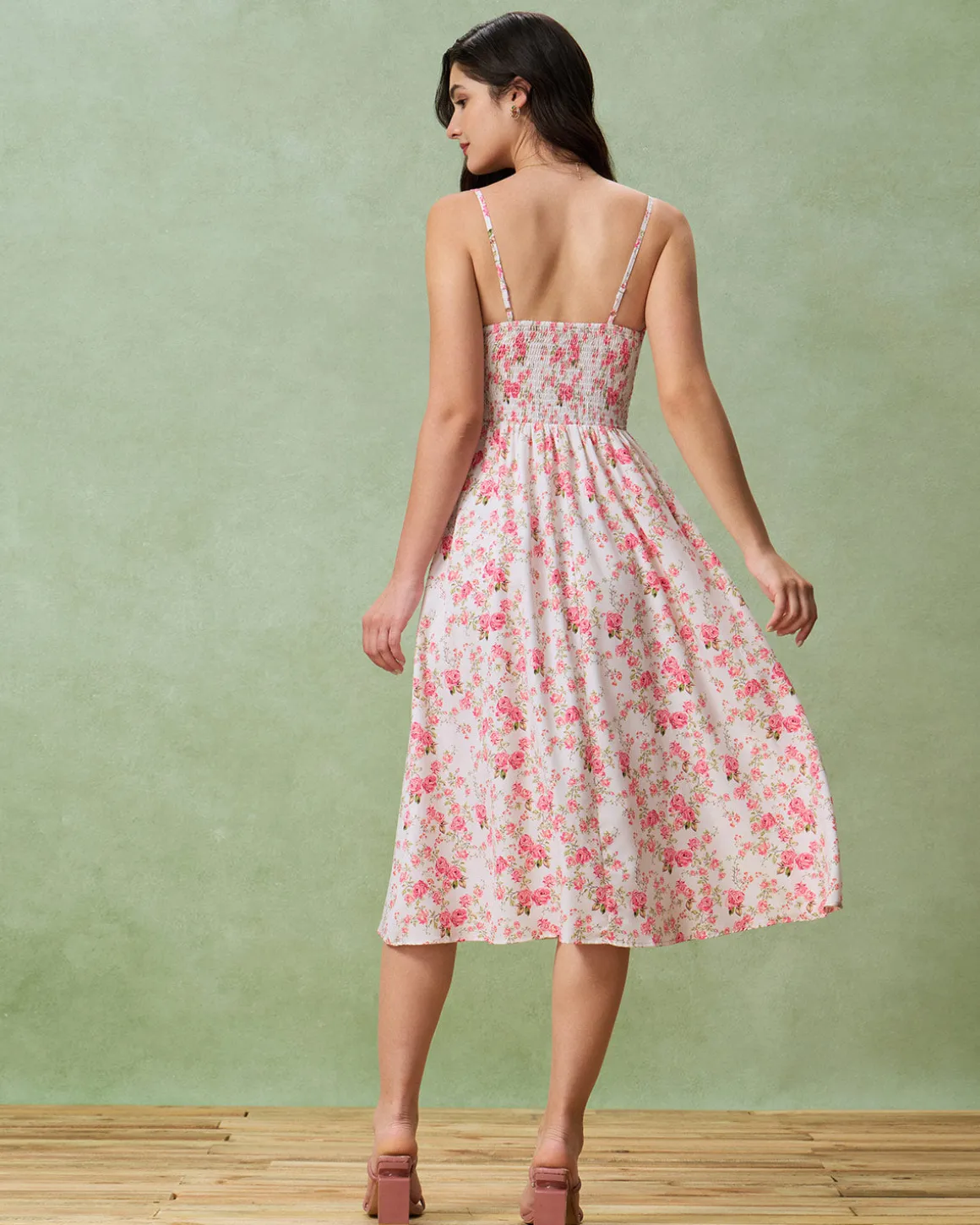 Pink Floral Sweetheart Neck Shirred Slip Midi Dress