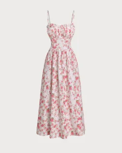 Pink Floral Sweetheart Neck Shirred Slip Midi Dress