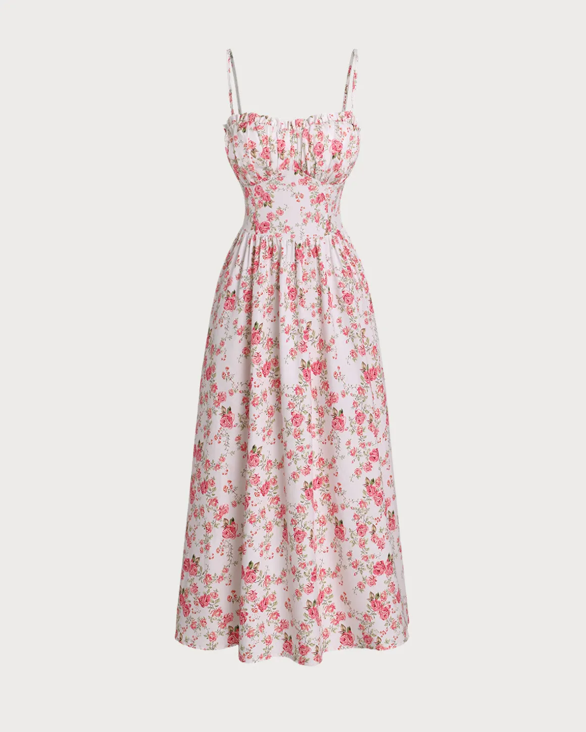 Pink Floral Sweetheart Neck Shirred Slip Midi Dress