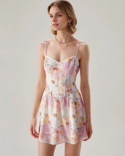 Pink Floral Sweetheart Neck Slip Mini Dress