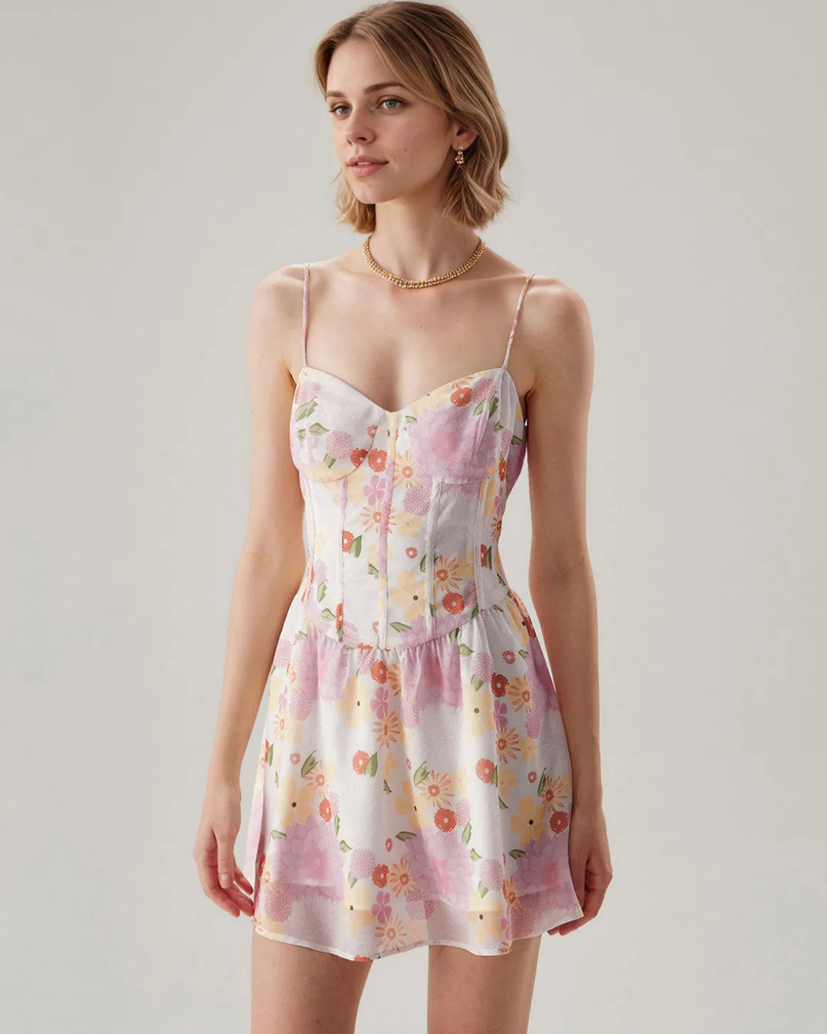 Pink Floral Sweetheart Neck Slip Mini Dress