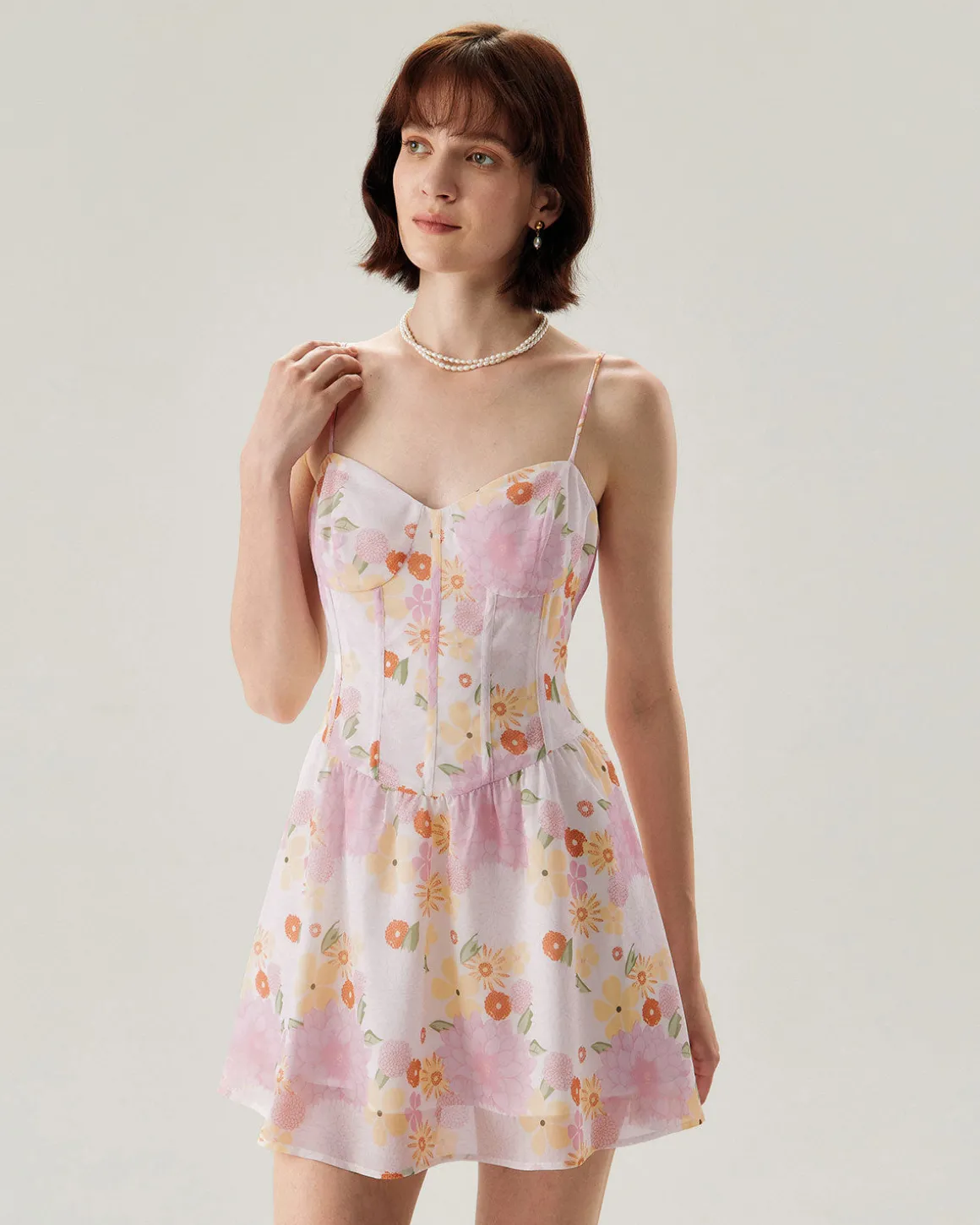 Pink Floral Sweetheart Neck Slip Mini Dress