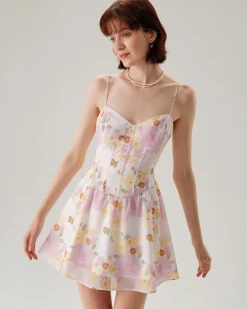 Pink Floral Sweetheart Neck Slip Mini Dress