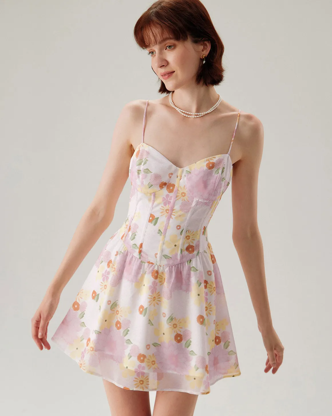 Pink Floral Sweetheart Neck Slip Mini Dress