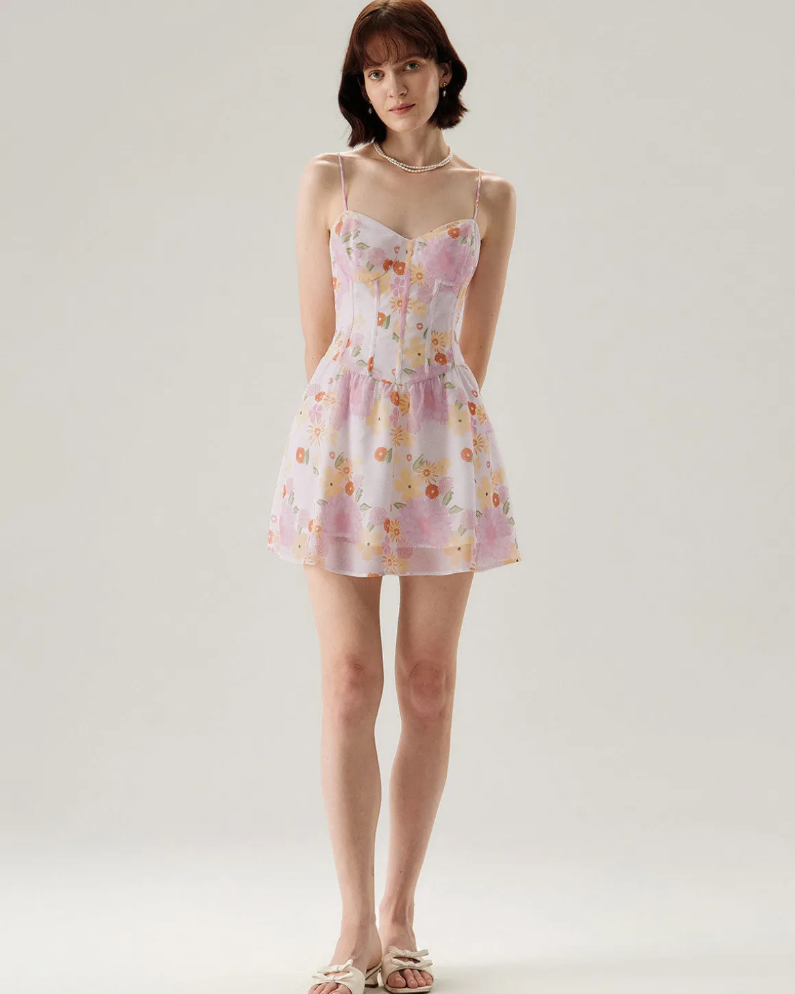 Pink Floral Sweetheart Neck Slip Mini Dress