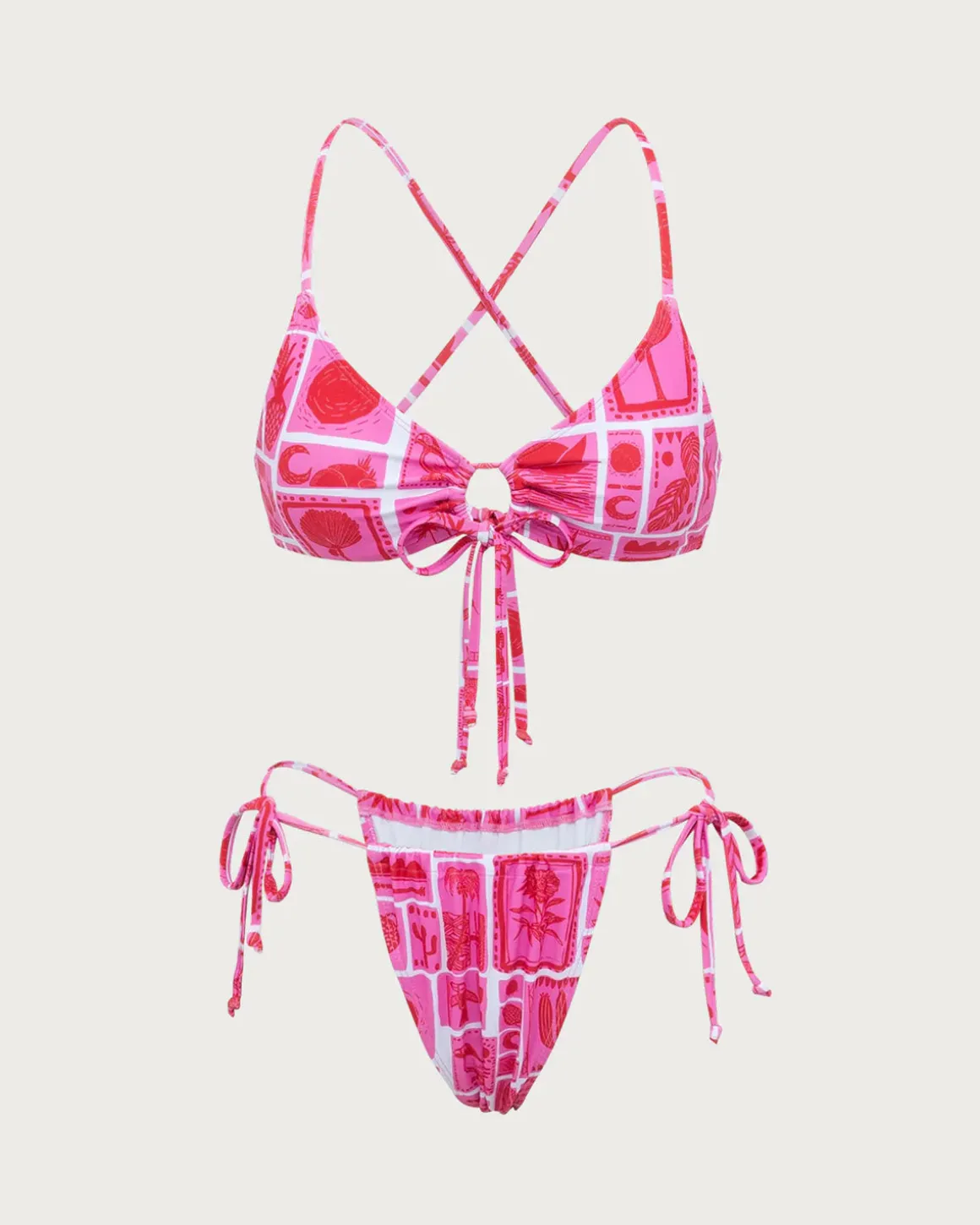 Pink Geometric Ruched Bikini Set