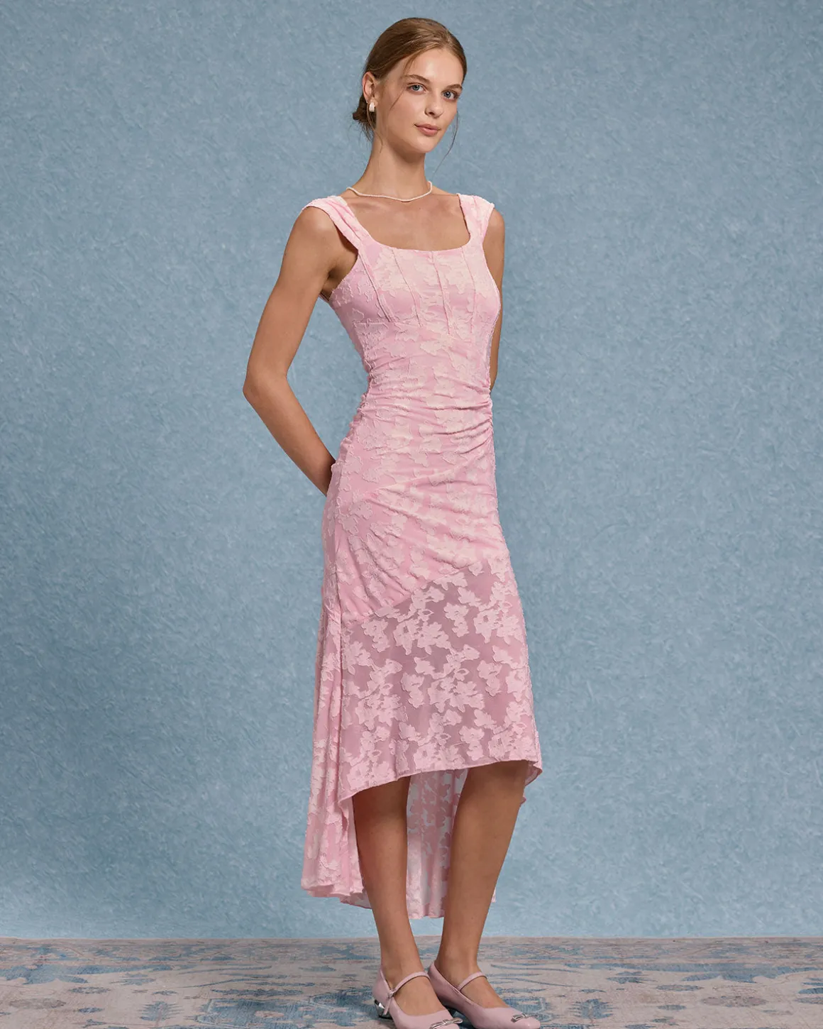 Pink Jacquard Bodycon Slip Maxi Dress
