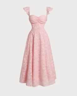Pink Jacquard Ruched Square Neck Midi Dress
