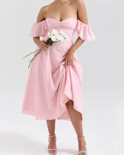 Pink Jacquard Ruched Square Neck Midi Dress