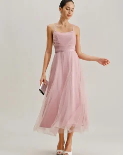 Pink Mesh Flowy Slip Midi Dress