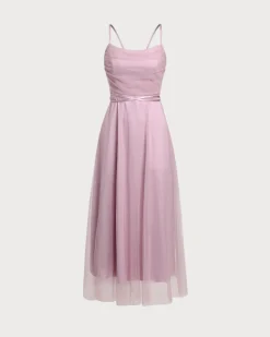 Pink Mesh Flowy Slip Midi Dress
