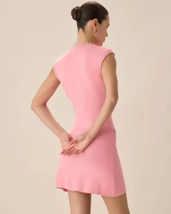 Pink Mock Neck Pocket Sweater Dress