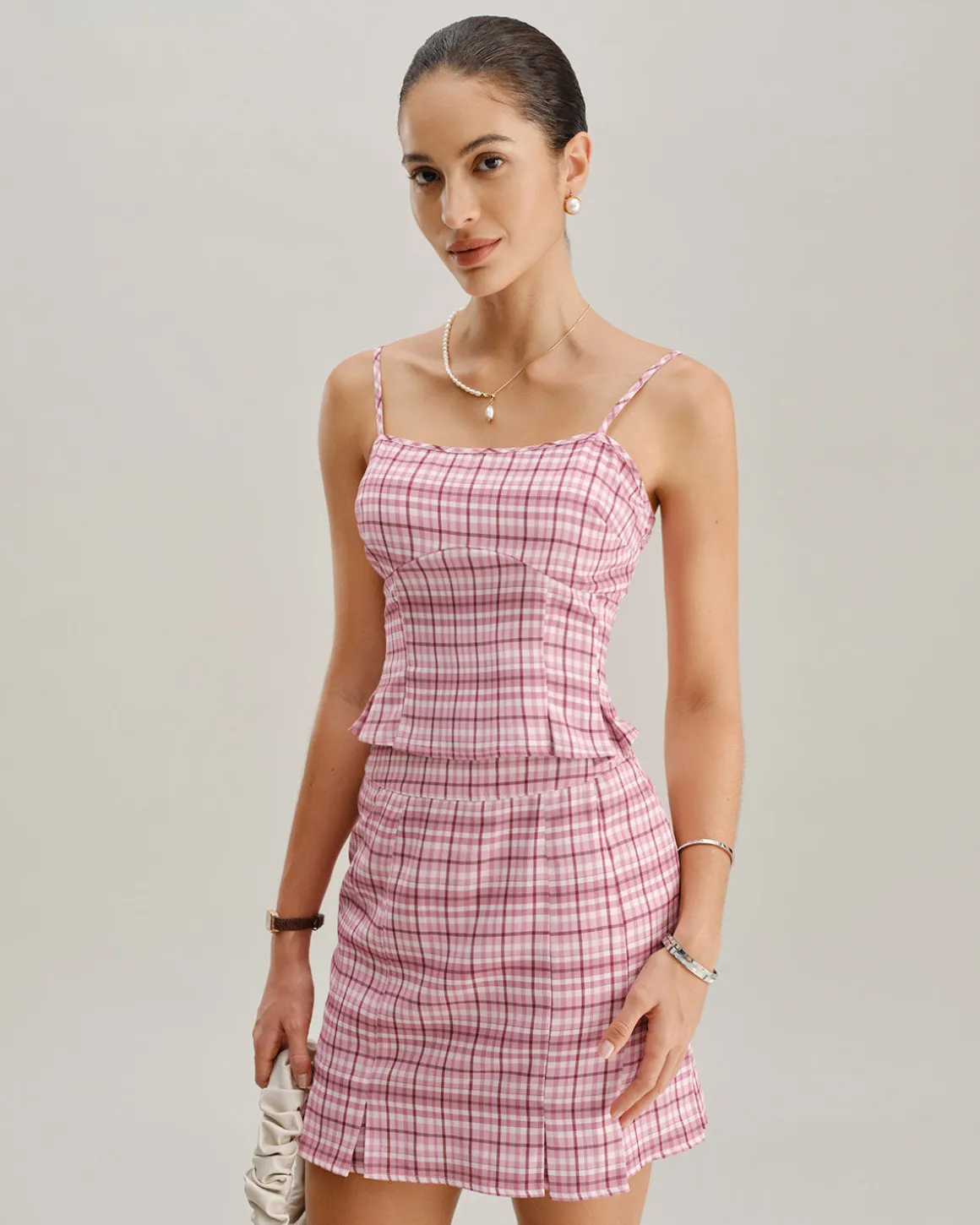 Pink Plaid Straight Mini Skirt