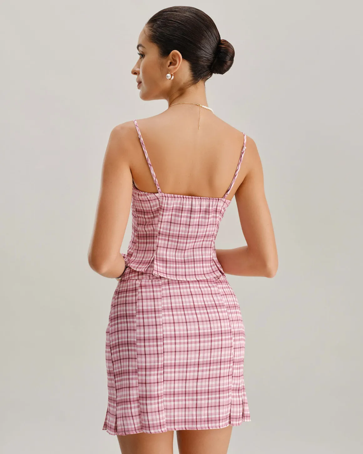 Pink Plaid Straight Mini Skirt