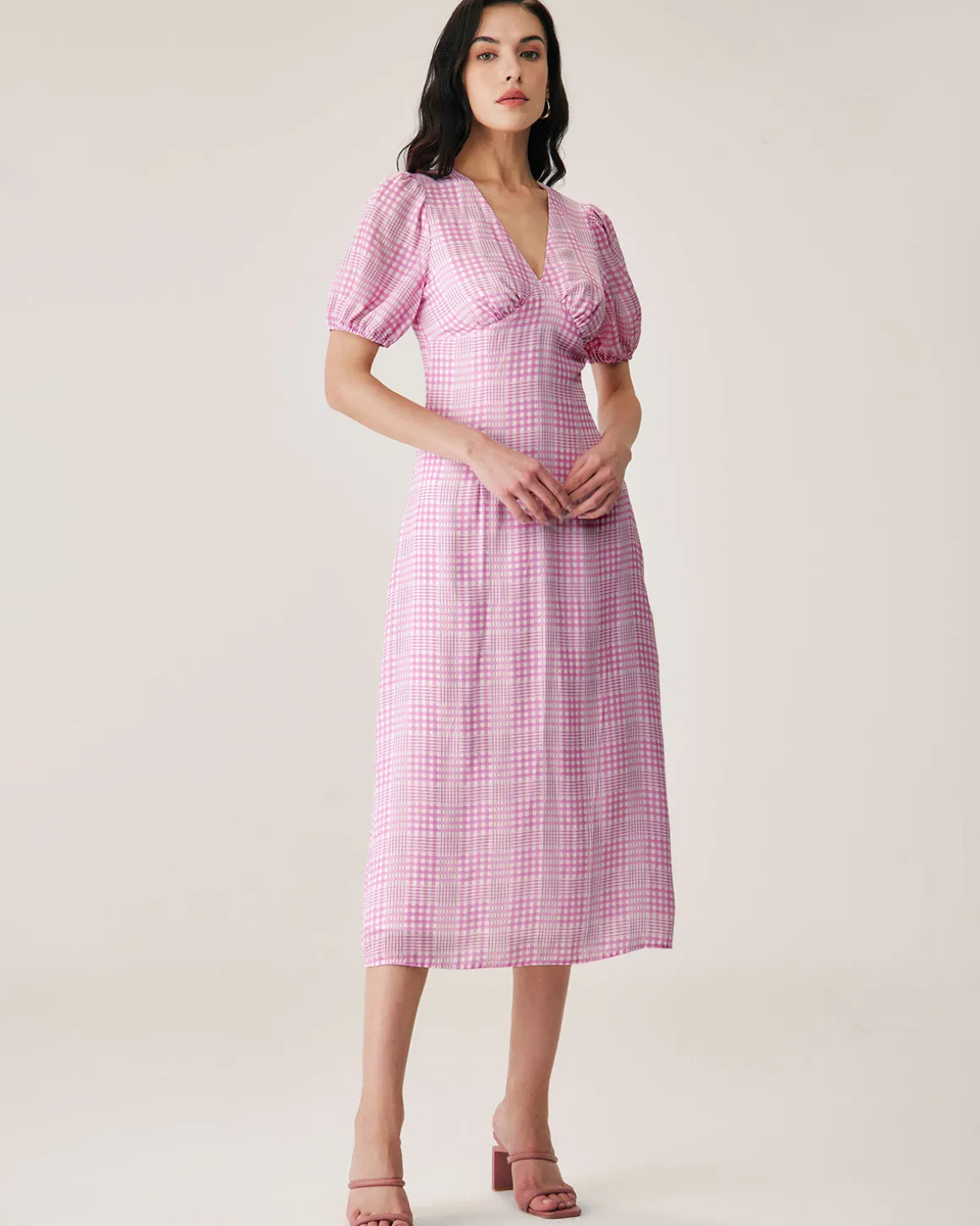 Pink Plaid V-Neck Midi Dress
