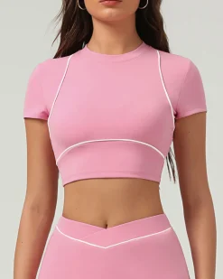 Pink Round Neck Yoga Short Sleeve Top - Light Support