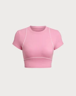 Pink Round Neck Yoga Short Sleeve Top - Light Support