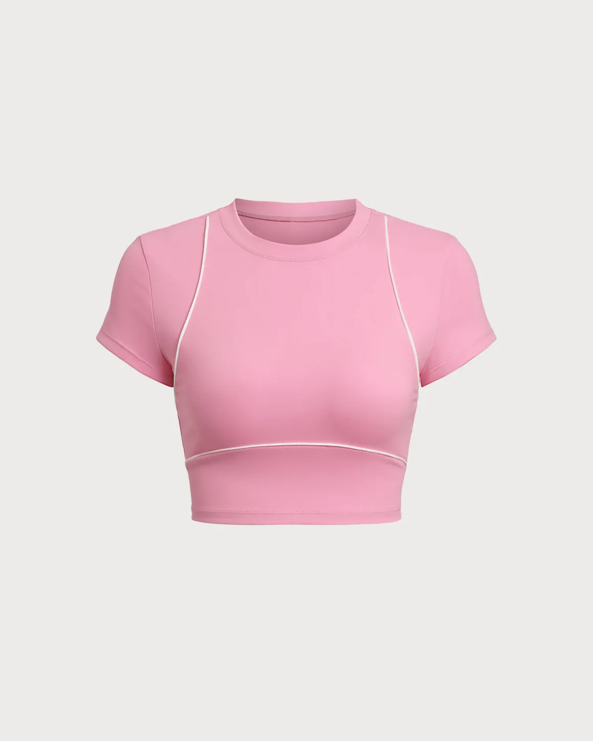 Pink Round Neck Yoga Short Sleeve Top - Light Support