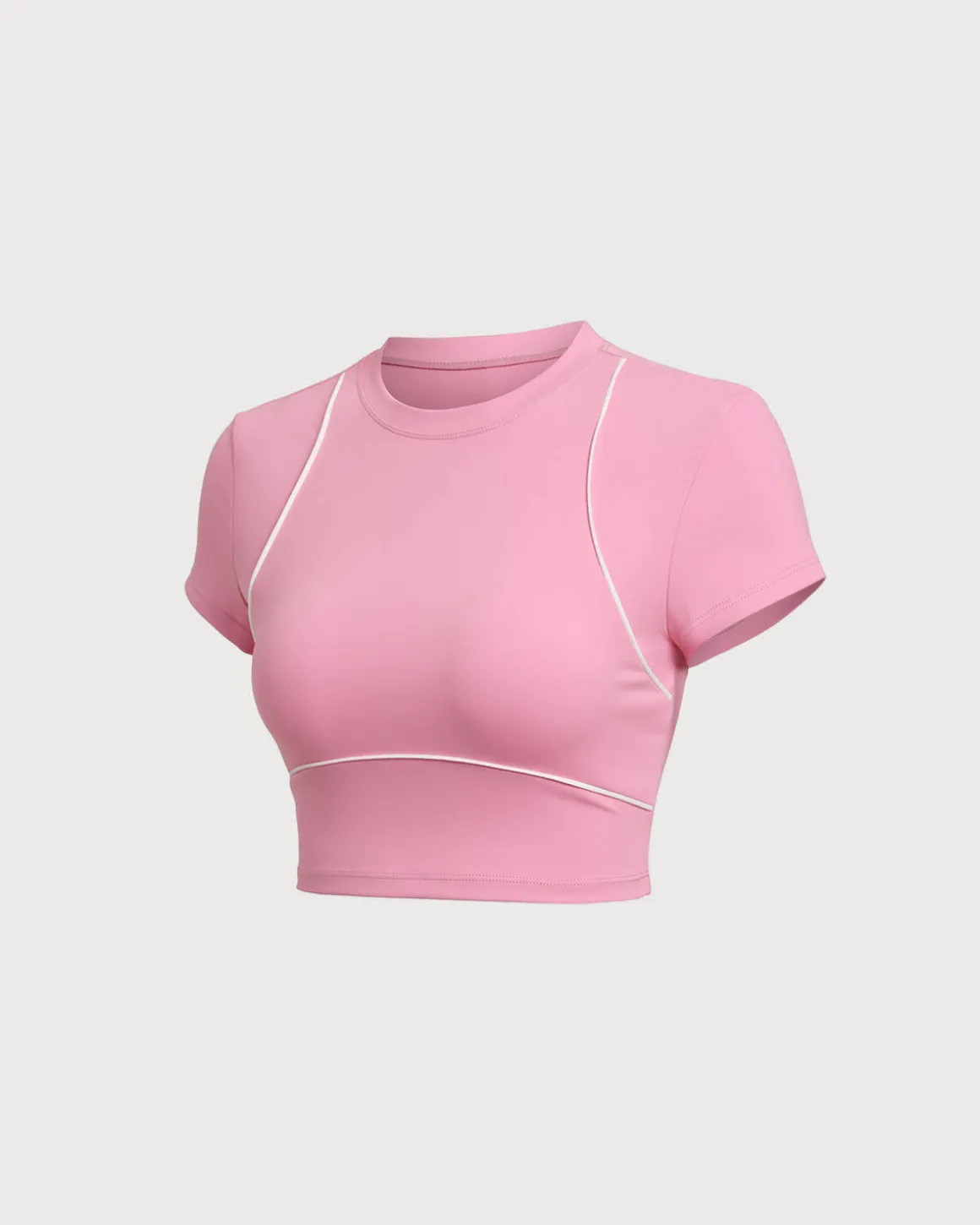 Pink Round Neck Yoga Short Sleeve Top - Light Support