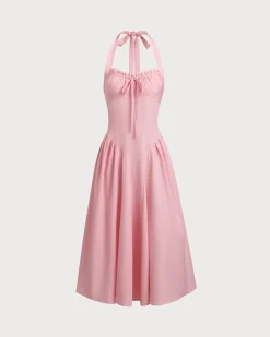 Pink Ruched Halter Midi Dress