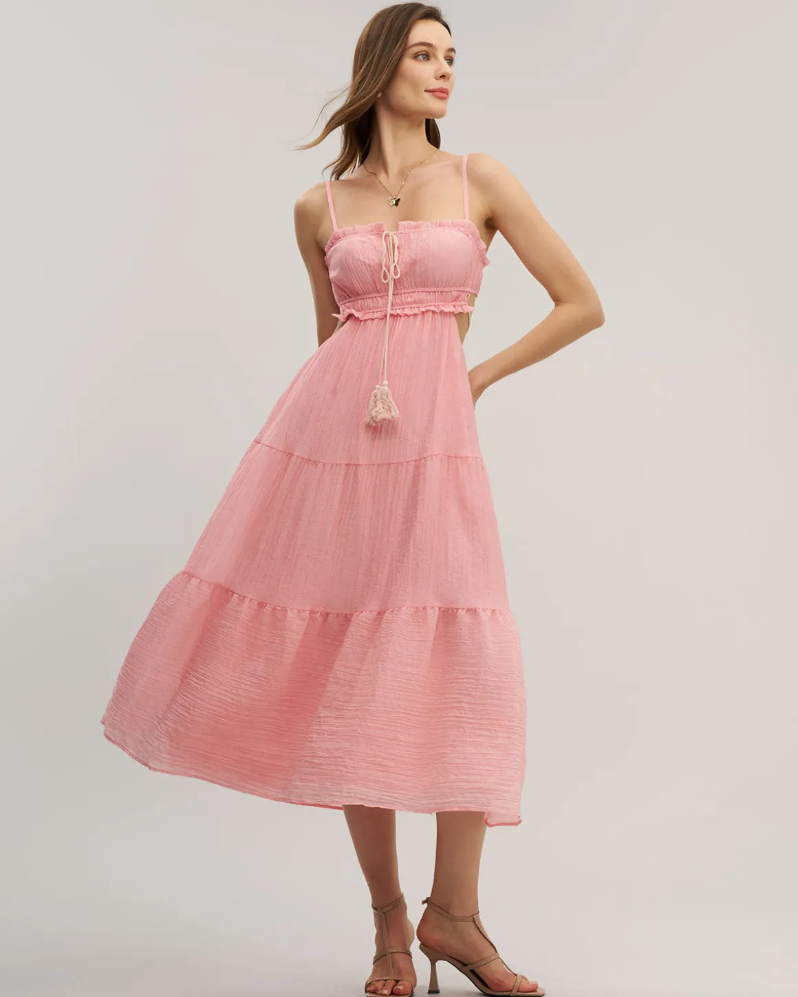 Pink Ruffle Slip Midi Dress