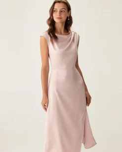 Pink Satin Boat Neck Slit Sleeveless Midi Dress
