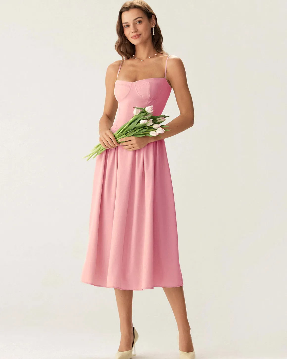 Pink Square Neck Pocket Slip Midi Dress