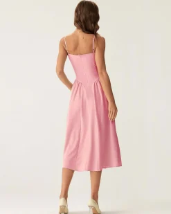 Pink Square Neck Pocket Slip Midi Dress