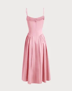 Pink Square Neck Pocket Slip Midi Dress