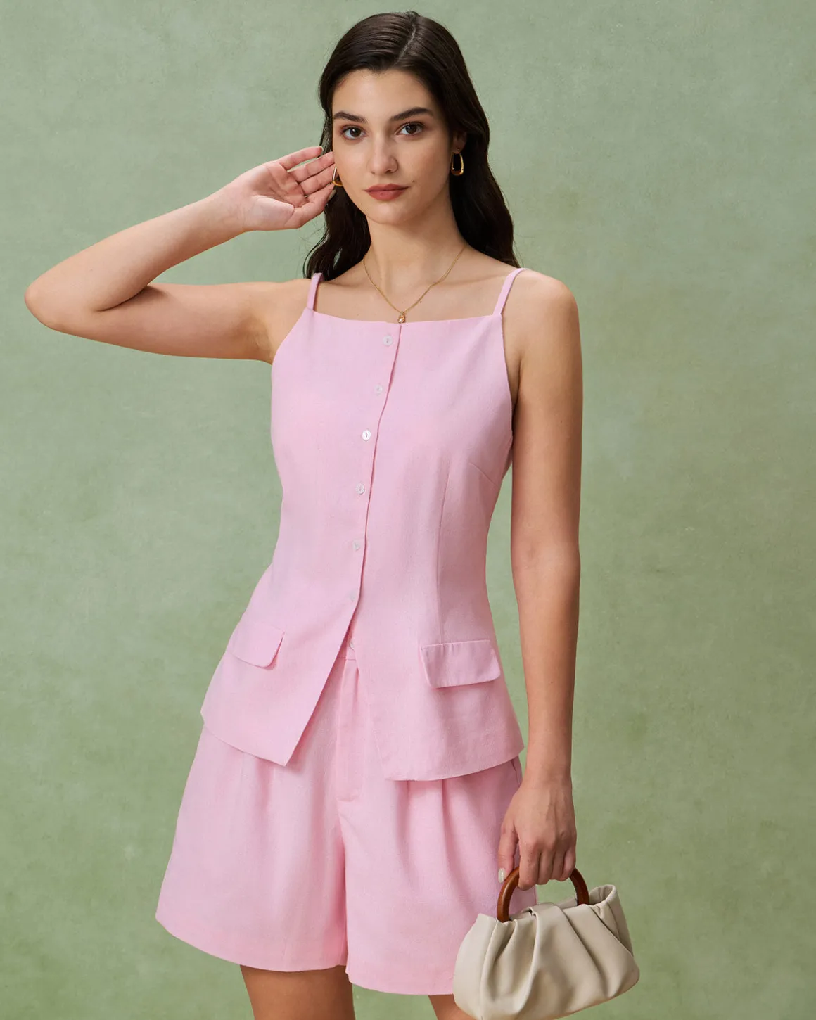 Pink Square Neck Pocket Vest