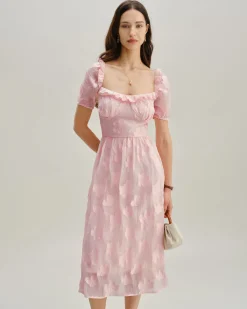 Pink Square Neck Puffed Sleeve Midi Dress