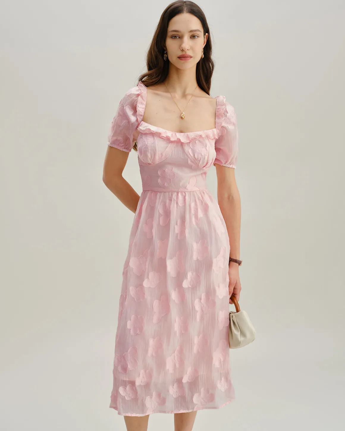 Pink Square Neck Puffed Sleeve Midi Dress