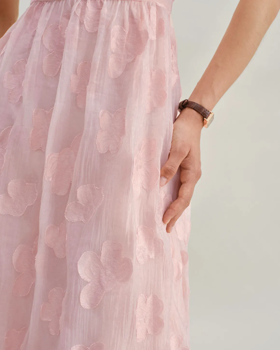 Pink Square Neck Puffed Sleeve Midi Dress