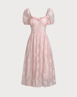 Pink Square Neck Puffed Sleeve Midi Dress