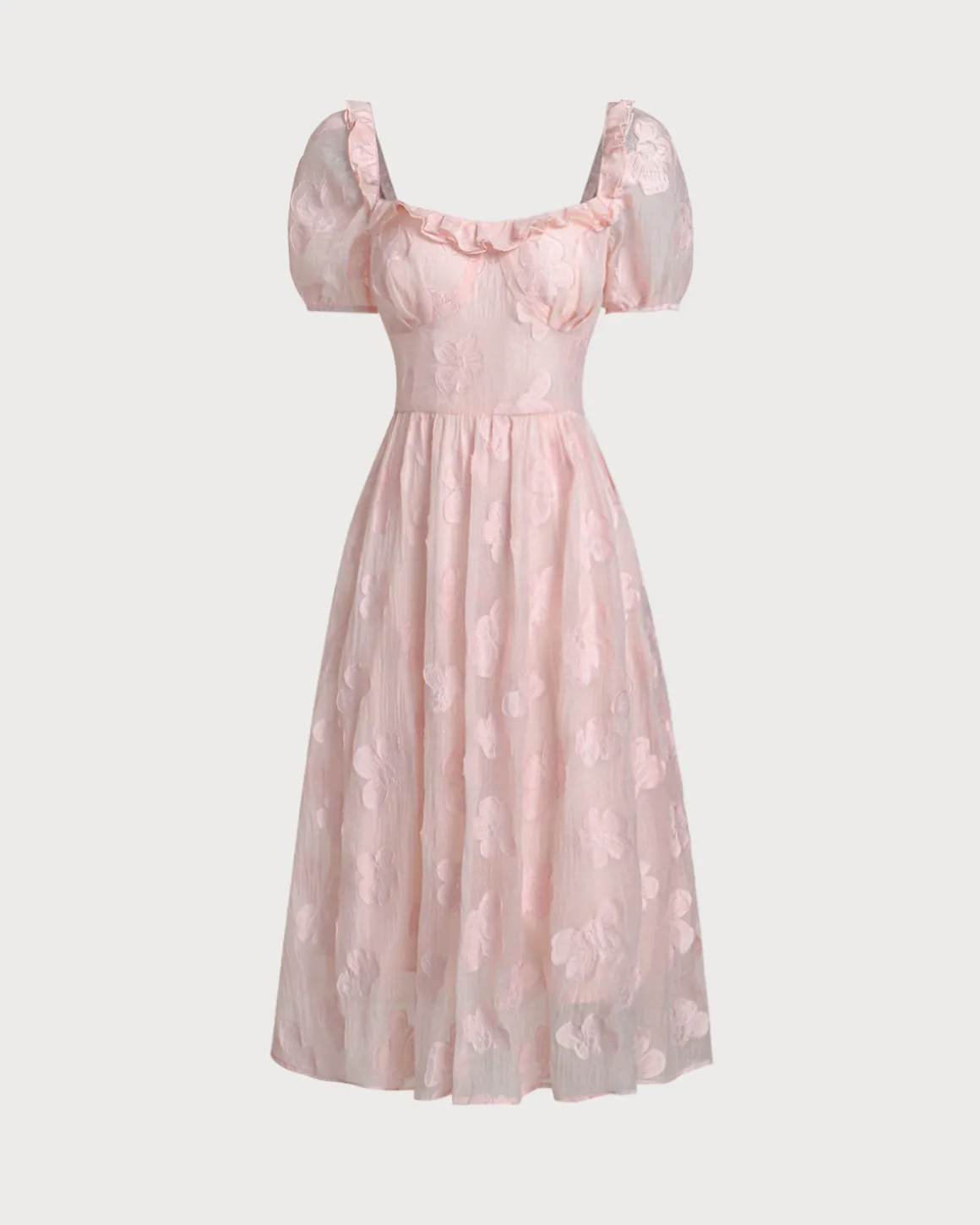Pink Square Neck Puffed Sleeve Midi Dress