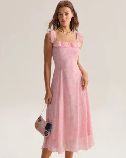 Pink Square Neck Ruffle Midi Dress